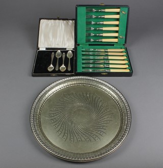 4 silver teaspoons, a cased plated set of dessert cutlery and a tray