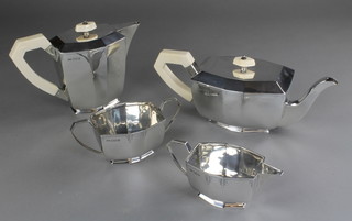 A fine silver Art Deco style 4 piece tea set with ivory mounts by Viners, Sheffield 1955, gross approx. 54 ozs