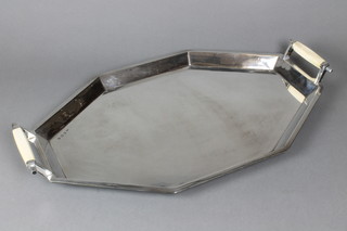 A fine Art Deco style silver octagonal 2 handled tea tray with ivory mounts by Viners, Sheffield 1955, gross approx. 66 ozs 