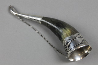 A silver niello mounted horn with suspending chain 9"