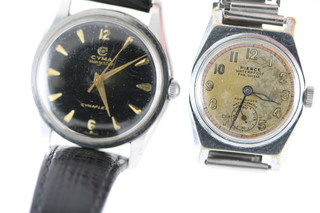 A 1930's Cyma Navy Star Cymaflex black faced wristwatch, a 1930's Pierce wristwatch with seconds at 6 o'clock and 4 screw back.