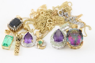 5 gold gem set pendants and chains