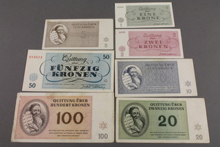 Theresinstadt Concentration Camp bank notes.  A set of 7 bank notes, 1 Krone, 2 Krone, 5 Krone, 10 Krone, 20 Krone, 50 Krone and 100 Krone, all dated 1st January 1943