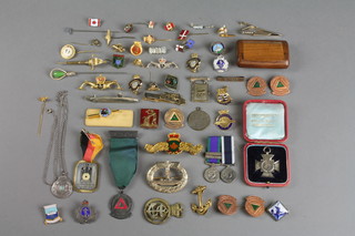 2 miniature medals G S M with Borneo and Malay Peninsula Bar and a Naval Long Service Good Conduct medal, minor silver and other badges