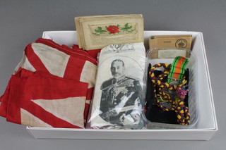 Minor WWII badges, flags etc including WWI postcards
