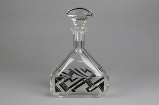 An Art Deco overlaid octagonal glass decanter of triangular form and waisted neck with geometric black decoration 10" 