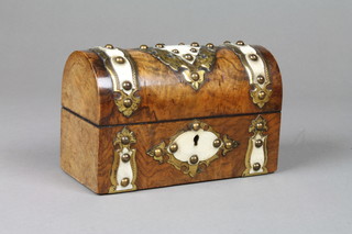 A mid Victorian figured walnut brass mounted dome topped box containing 3 scent bottles 7"