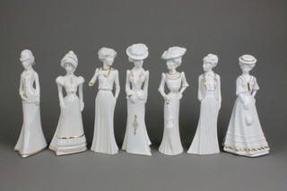 7 Spode white glazed gold decorated figures - Virginia 9", Francesca 10", Olivia 10", Eleanora 10", Sarah 9", Christina 9.5" and Lily 9" 