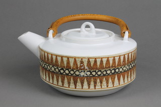 A Troika squat cylindrical teapot with a wide band of geometric decoration and cane handle 9" 