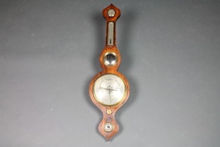 A 19th Century wheel barometer and thermometer with damp/dry indicator, convexed plate mirror and spirit level, contained in a simulated inlaid rosewood case