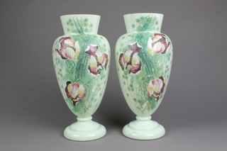 A pair of Victorian oviform glass vases painted with spring flowers 14" 