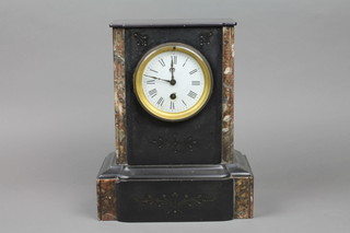 A Victorian 8 day French timepiece with enamelled dial and Roman numerals contained a 2 colour marble case