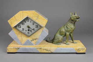 An Art Deco mantel timepiece with diamond shaped dial and Arabic numerals contained in a 2 colour marble case, flanked by a figure of a seated German Shepherd, movement removed and replaced with a quartz movement 