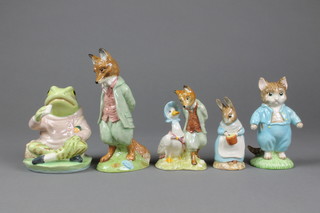 5 Royal Albert Beatrix Potter figures - Jeremy Fisher 5", Foxy Whiskered Gentleman 7", Tom Kitten 5", Jemima Puddleduck with Foxy Whiskered Gentleman 5" and Mrs Rabbit Cooking 4" 