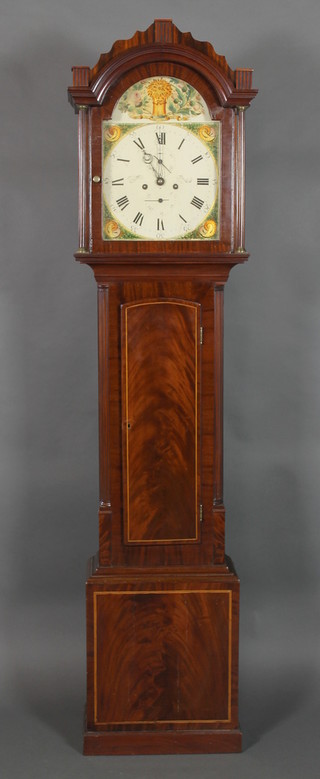 William Fraser of Selkirk.   An 18th Century 8 day striking longcase clock, the 13" arch painted dial decorated a sheaf of corn and marked "Bread is the staff of life", the spandrels painted shells with subsidiary second hand and calendar hand, contained in an inlaid mahogany case with fluted columns 81"h 