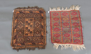 An Afghan slip rug with rectangular mihrab to the centre surrounded by octagons together with a red ground Afghan slip rug formed of 3 rows of 18 octagons (in wear) 23" x 17" 