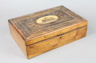 A Victorian Killarney rectangular inlaid mahogany trinket box the lid inlaid a fort and acorns 4"h x 14" x 9 1/2"h