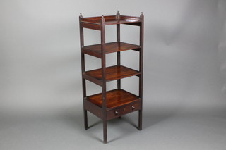A Victorian mahogany square 4 tier what-not with three-quarter gallery, the base fitted a drawer 43"h x 17"w x 14"d 