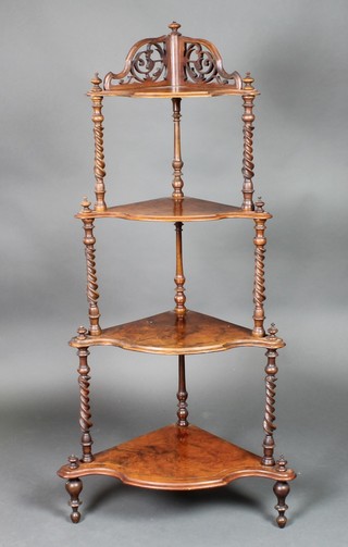A Victorian inlaid figured walnut 4 tier corner what-not with spiral turned decoration 50"h x 14"w (to base) 9"w (to top), the base 24"d x 15"d to top  