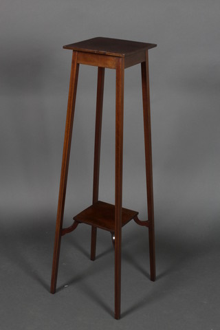 An Edwardian square inlaid mahogany 2 tier jardiniere with cross banded top, raised on tapered supports 41 1/2"h x 10"square 