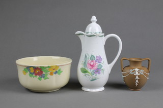 A Susie Cooper fragrance coffee pot 7", an Art Deco bowl and a Royal Doulton vase 