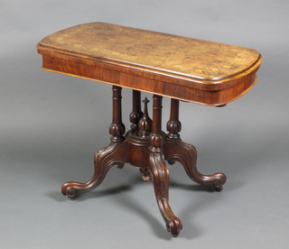 A Victorian inlaid figured walnut D shaped card table, raised on 4 turned columns, splayed legs 28"h x 35 1/2"w x 17 1/2"d