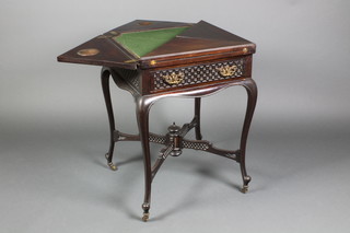 A late Victorian mahogany envelope card table fitted a drawer with blind fret work decoration, raised on cabriole supports with pierced X frame stretcher 29"h x 21"w 