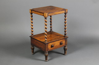 A William IV square rosewood 2 tier what-not  having spiral turned columns, the base fitted 1 long drawer with tore handles (probably reduced in height) 25"h x 13"w x 14"d