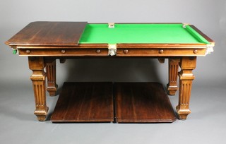 "The Challenge", an Edwardian mahogany snooker dining table, raised on 4 square fluted and tapered supports (recently refurbished) 29"h x 65"w x 35 1/2"d