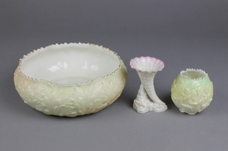 A Worcester Locke & Co circular bowl 8", a Worcester Crown Chinaworks floral vase 3" and a Beleek cornucopia shaped vase with black Beleek mark 4" 