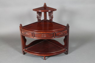 A Chinese Padouk wood 3 tier corner what-not fitted a drawer raised on turned supports 33"h x 32"w x 24"d