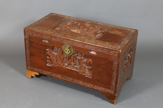 A carved camphor coffer with hinged lid, zinc lining, heavily carved, 21"h x 36"w x 18 1/2"w