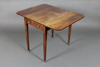 A Georgian inlaid mahogany Pembroke table with crossbanded top, fitted a frieze drawer, raised on square tapering supports, brass caps and castors 28 1/2"h x 29 1/2"w x 19" when closed x 38 1/2" when extended