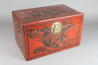 A 19th Century rectangular Chinese red lacquered trunk with hinged lid decorated a dragon with brass loop handles to the sides 10"h x 16 1/2"w x 10 1/2"d
