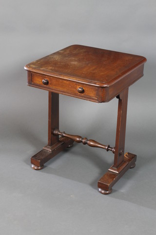A William IV rectangular mahogany table fitted a drawer with tore handle, raised on standard end supports with H framed stretcher 28"h x 21"w x 23"d