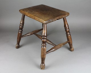 A 19th Century rectangular elm stool raised on turned supports with H framed stretcher 17"h x 15"w x 11 1/2"d