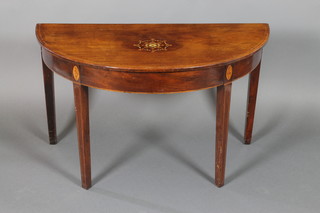 A Georgian inlaid mahogany demi-lune table, inlaid satinwood stringing on square tapered supports (cut down) 24 1/2"h x 43"w x 22"d