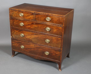 A Georgian mahogany chest with satinwood stringing to the top fitted 4 long drawers, the top drawer in the form of a dummy 2 drawer, raised on splayed bracket feet 37"h x 30"w x 19"d