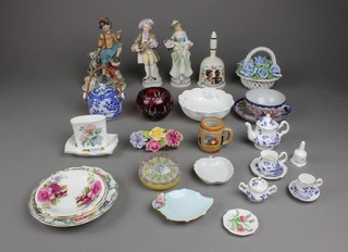 A quantity of decorative china including a miniature teaset, bisque figures and flash glass 