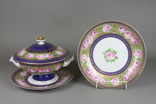 A modern Limoges 2 handled tureen, the dark blue ground decorated with a band of roses 12", complete with stand and matching bowl