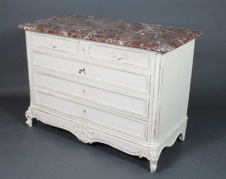 A French white painted commode with pink veined marble top, fitted 2 short and 3 long drawers, raised on carved cabriole supports 32"h x 47"w x 22"d