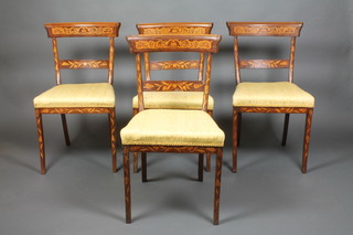 A set of 4 19th Century Dutch marquetry bar back dining chairs with upholstered seats, raised on sabre supports