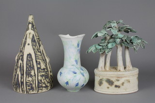 A Studio Pottery model of 4 trees on a raised base 10", 2 Studio Pottery vases