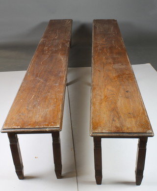A pair of rectangular Victorian oak hall/window benches, raised on 6 square tapered supports 19"h x 122 1/2"l x 15"d 