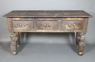A 17th/18th Century oak dresser base fitted 3 drawers, raised on turned and block supports 24"h x 54"w x 24 1/2"d 