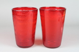 2 red glass Studio tapered vases 10" 
