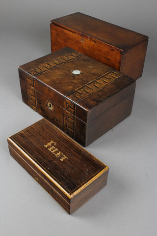 A 19th Century rectangular rosewood and inlaid box with hinged lid, the marked Filet, 2"h x 8"w x 4"d and a Victorian walnut box with inlaid banding 4 1/2"h x 10 1/2"w x 7"d (missing escutcheon) and a rectangular mahogany box with hinged lid  5 1/2" x 11 1/2" x 5 1/2"  