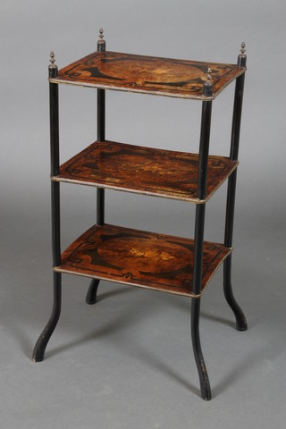 A French 19th Century rectangular 3 tier figured and inlaid walnut etagere on turned supports 31"h x 15"w x 11" 1/2"d 