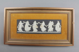 A Wedgwood black Jasper panel of classical figures, framed and mounted 13"