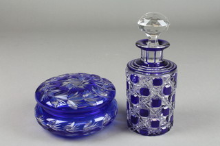 A Bohemian blue flash glass circular perfume bottle 8", a ditto powder bowl and cover